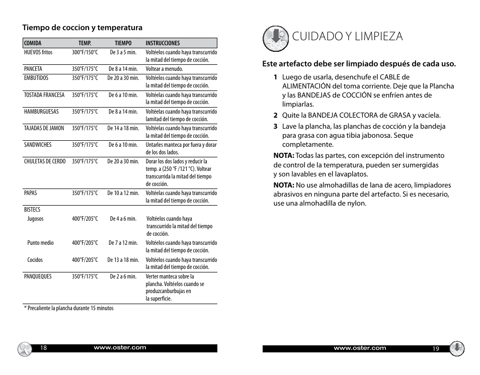 Cuidado y limpieza | Oster CKSTGRFM18 User Manual | Page 10 / 12