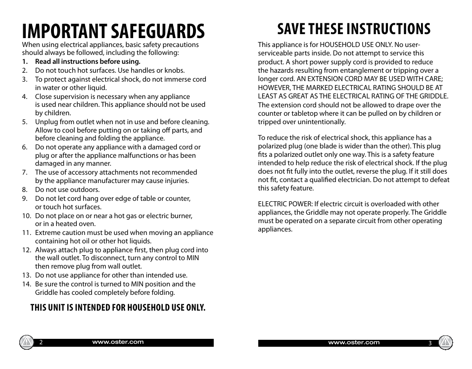 Important safeguards, Save these instructions, This unit is intended for household use only | Oster CKSTGRFM18 User Manual | Page 2 / 12