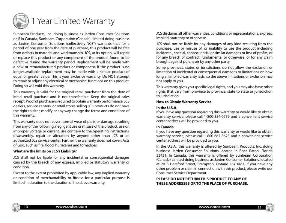 1 year limited warranty | Oster CKSTGRFM18 User Manual | Page 6 / 12