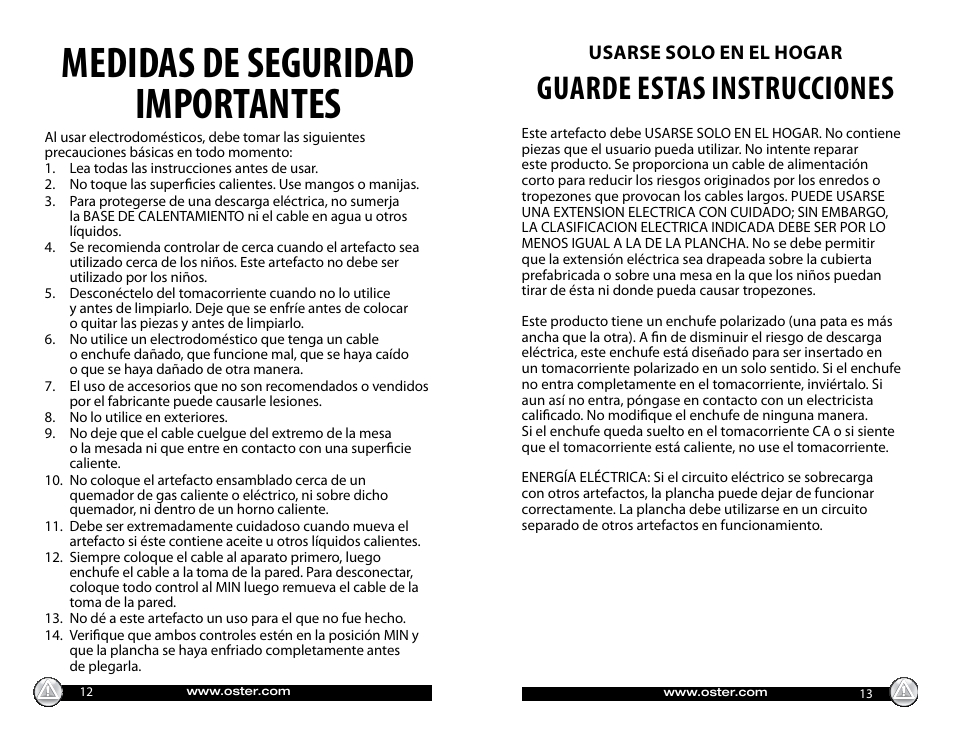 Medidas de seguridad importantes, Guarde estas instrucciones, Usarse solo en el hogar | Oster CKSTGRFM18 User Manual | Page 7 / 12