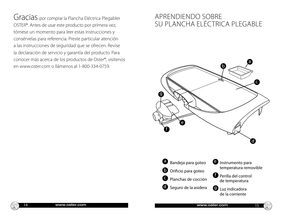 Gracias, Aprendiendo sobre su plancha eléctrica plegable | Oster CKSTGRFM18 User Manual | Page 8 / 12