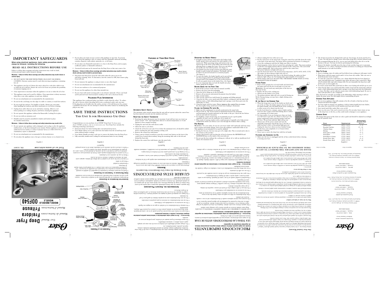 Odf540, Deep fryer, Freidora | Friteuse, Important safeguards, Save these instructions, Precauciones import antes, Guarde estas instrucciones | Oster ODF540 User Manual | Page 5 / 9