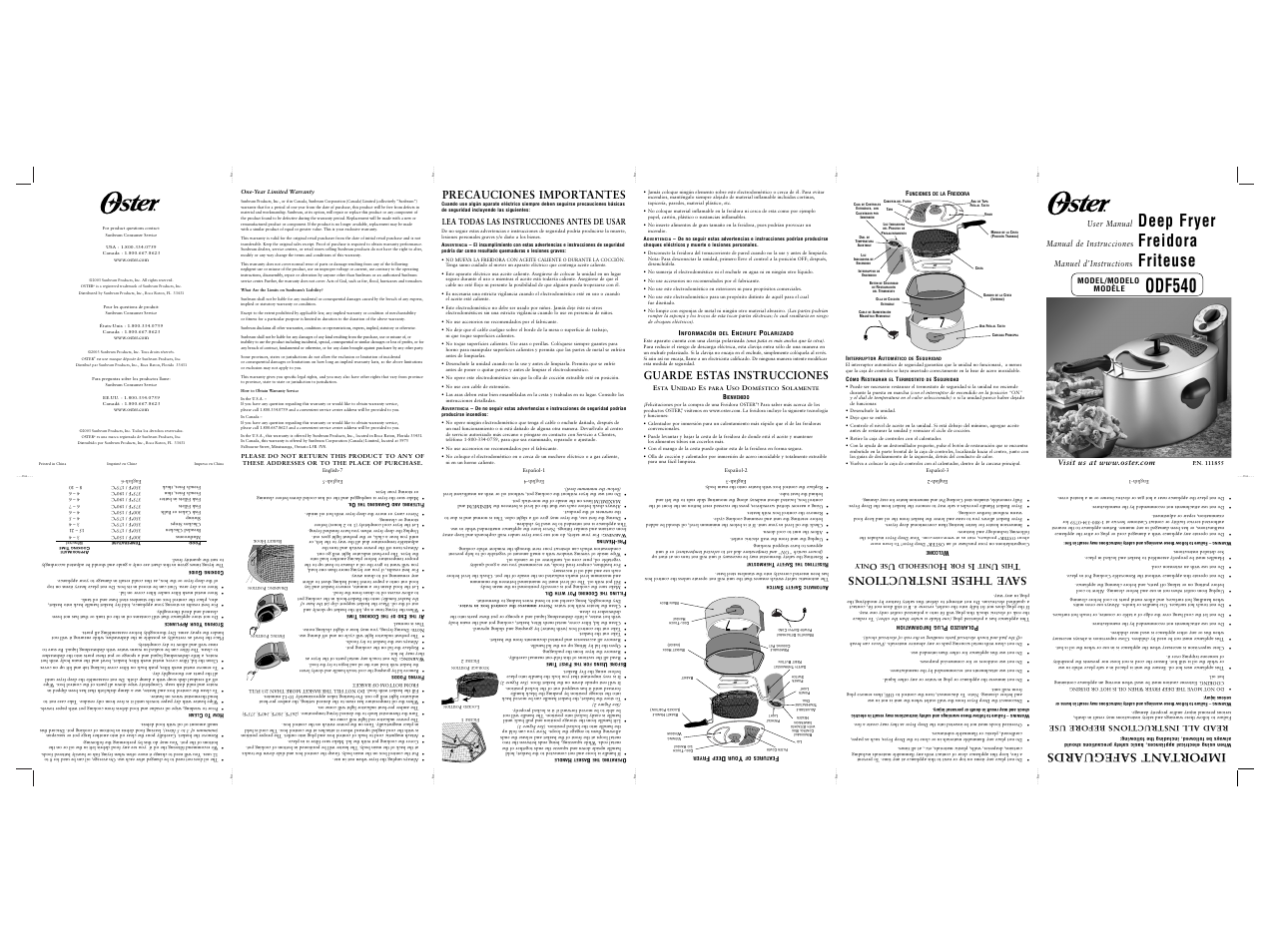 Odf540, Deep fryer, Freidora | Friteuse, Import ant safeguards, Sa ve these instructions, Precauciones importantes, Guarde estas instrucciones | Oster ODF540 User Manual | Page 8 / 9