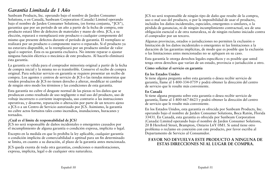 Garantía limitada de 1 año | Oster Removable Electric Skillet SPR-041311-341 User Manual | Page 16 / 16