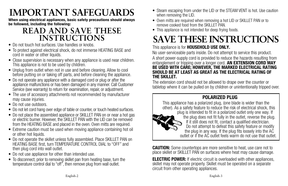 Important safeguards, Save these instructions, Read and save these instructions | Oster Removable Electric Skillet SPR-041311-341 User Manual | Page 2 / 16