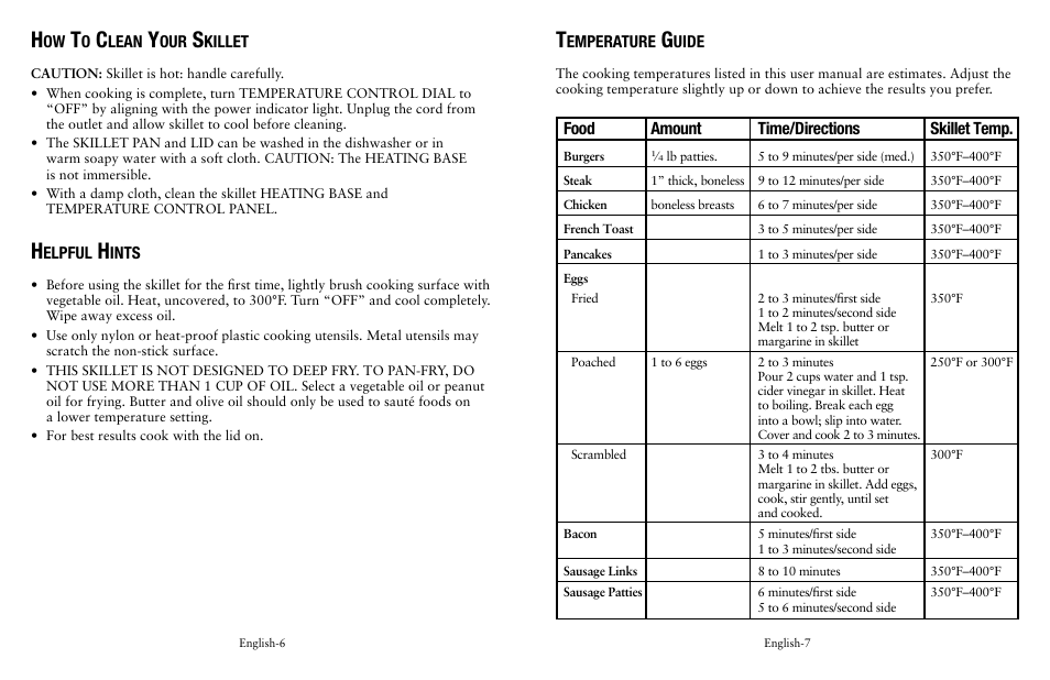 Food amount time/directions skillet temp | Oster Removable Electric Skillet SPR-041311-341 User Manual | Page 4 / 16