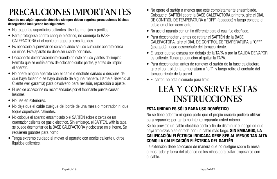 Precauciones importantes, Lea y conserve estas instrucciones | Oster Removable Electric Skillet SPR-041311-341 User Manual | Page 9 / 16
