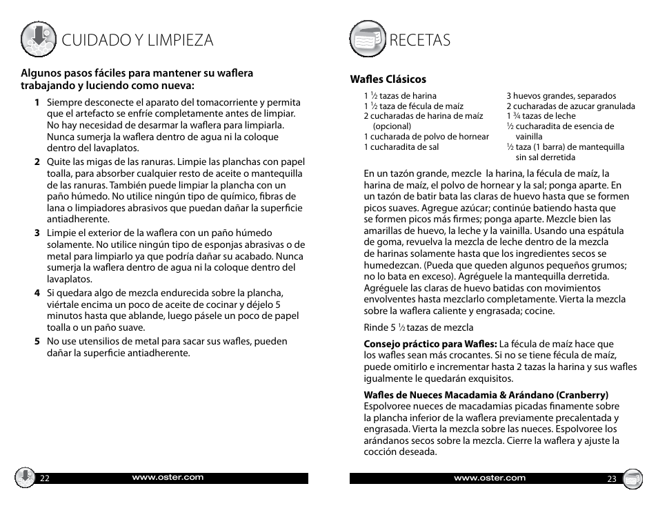 Cuidado y limpieza, Recetas | Oster CKSTWFBF05 User Manual | Page 12 / 16