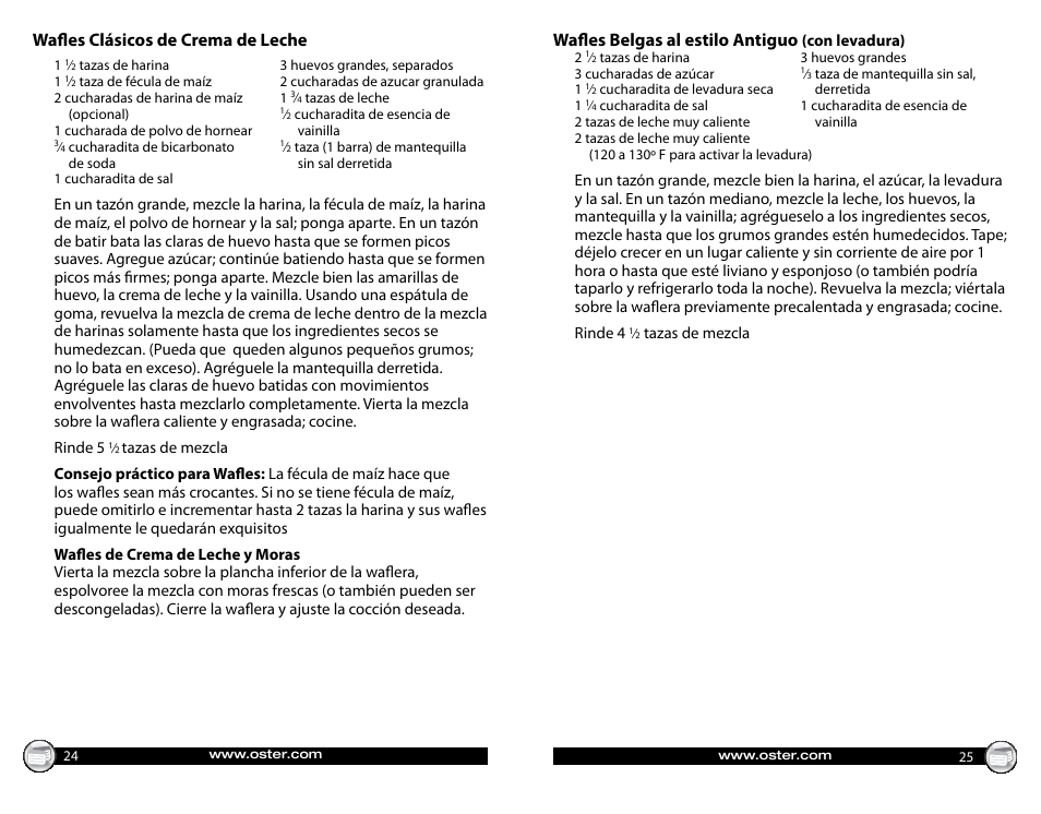 Wafles clásicos de crema de leche, Wafles belgas al estilo antiguo | Oster CKSTWFBF05 User Manual | Page 13 / 16