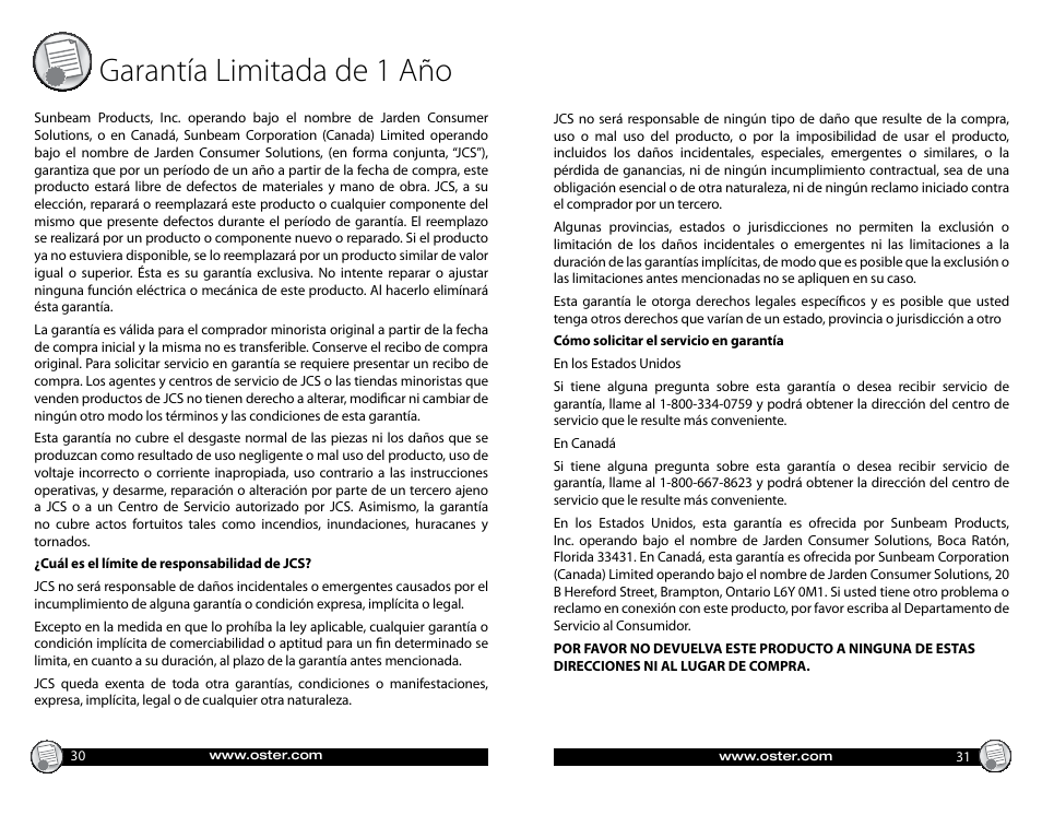 Garantía limitada de 1 año | Oster CKSTWFBF05 User Manual | Page 16 / 16