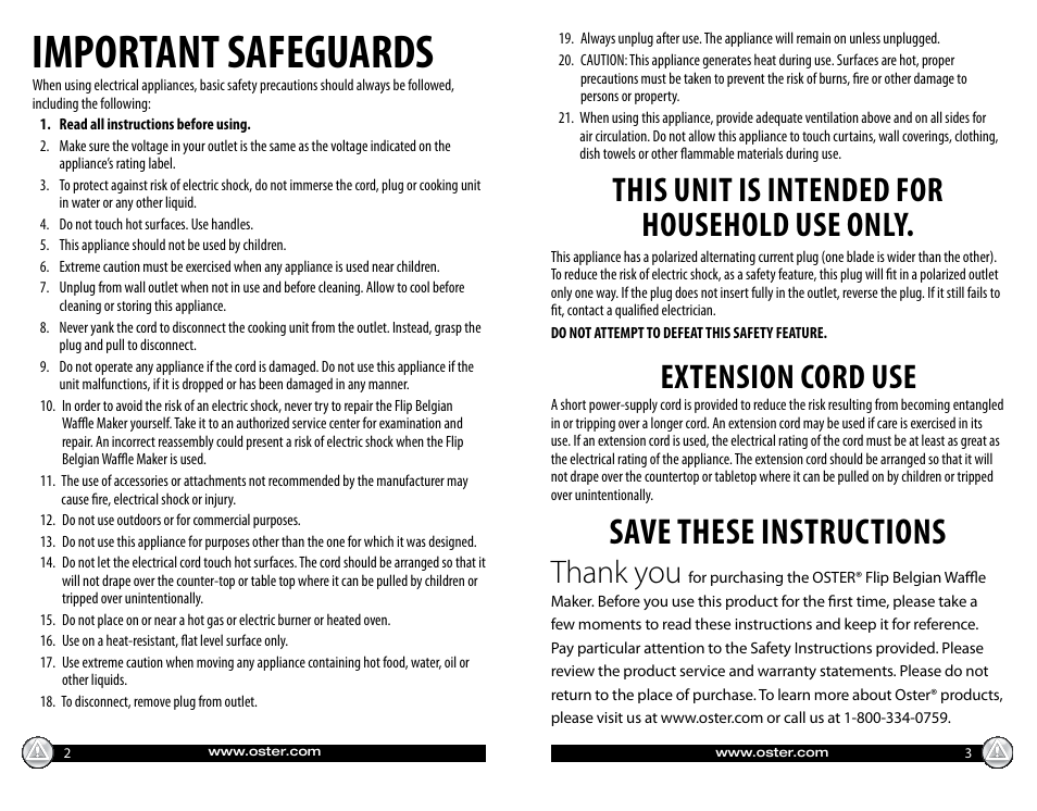 Important safeguards, Save these instructions, This unit is intended for household use only | Extension cord use | Oster CKSTWFBF05 User Manual | Page 2 / 16