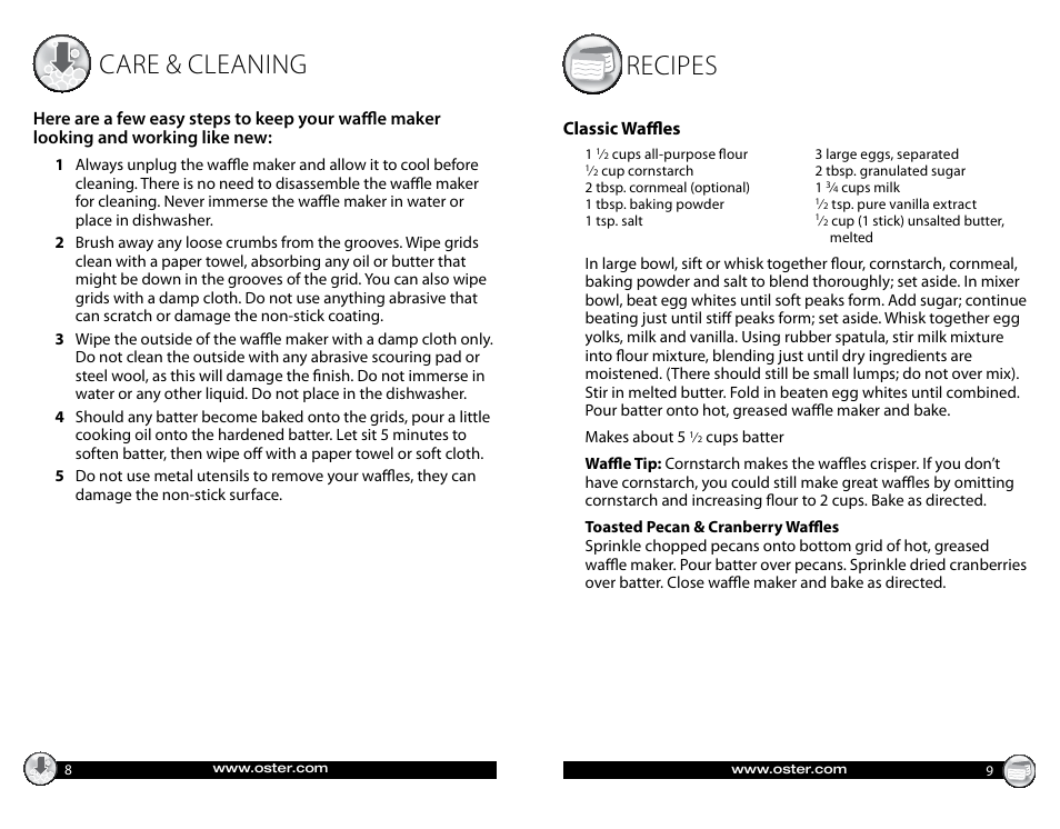 Care & cleaning, Recipes | Oster CKSTWFBF05 User Manual | Page 5 / 16