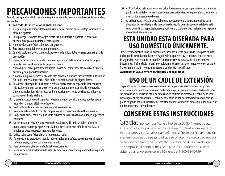 Precauciones importantes, Conserve estas instrucciones, Uso de un cable de extensión | Gracias | Oster CKSTWFBF05 User Manual | Page 9 / 16