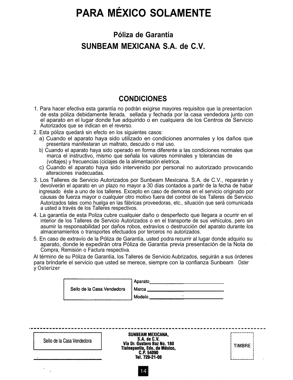 Para méxico solamente, Sunbeam mexicana s.a. de c.v, Condiciones | Oster TOASTERS User Manual | Page 14 / 30