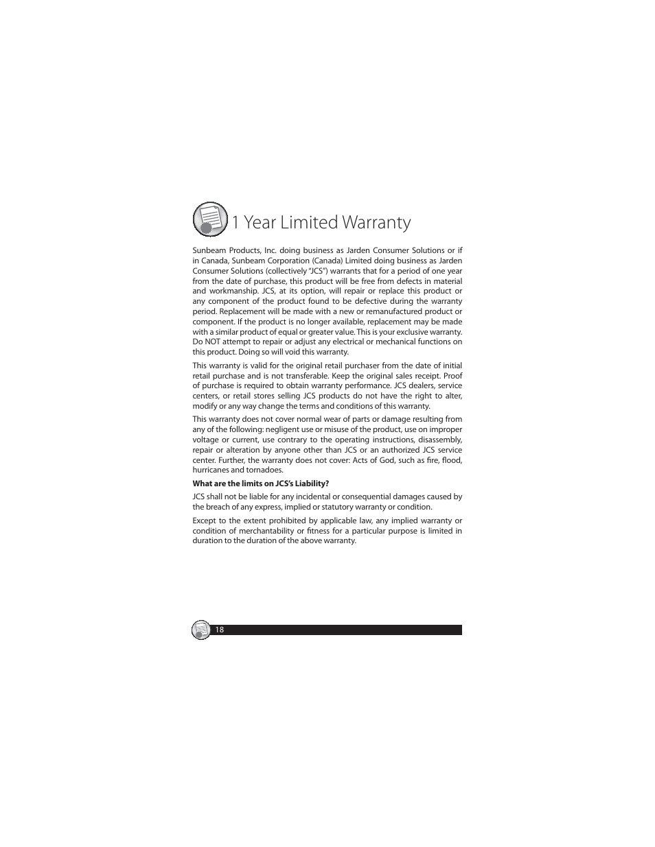 1year limited warranty | Oster CKSTSTMM10 User Manual | Page 18 / 40
