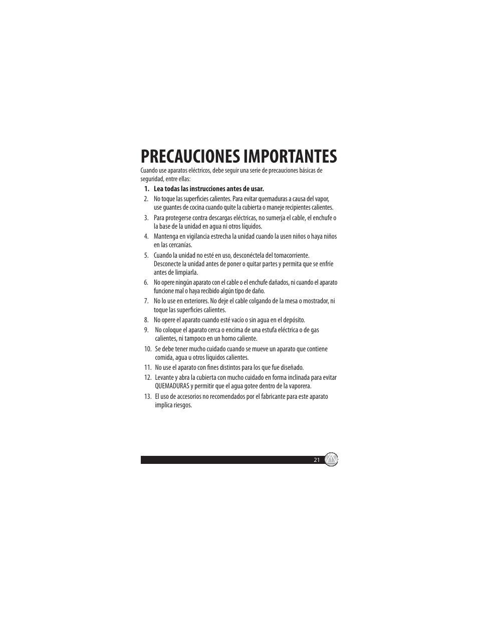Precauciones importantes | Oster CKSTSTMM10 User Manual | Page 21 / 40