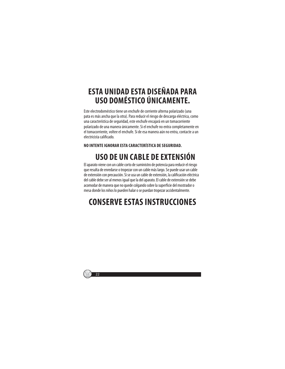 Conserve estas instrucciones, Uso de un cable de extensión | Oster CKSTSTMM10 User Manual | Page 22 / 40