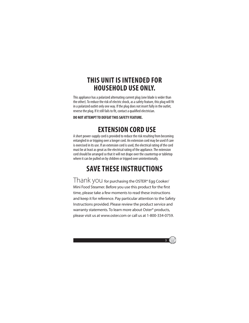 Save these instructions, This unit is intended for household use only, Extension cord use | Oster CKSTSTMM10 User Manual | Page 3 / 40