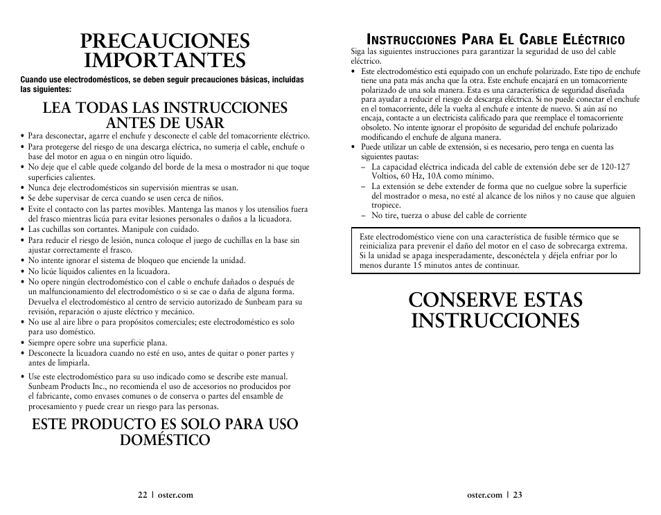 Precauciones importantes, Conserve estas instrucciones, Lea todas las instrucciones antes de usar | Este producto es solo para uso doméstico i | Oster 146360-REVA User Manual | Page 12 / 16