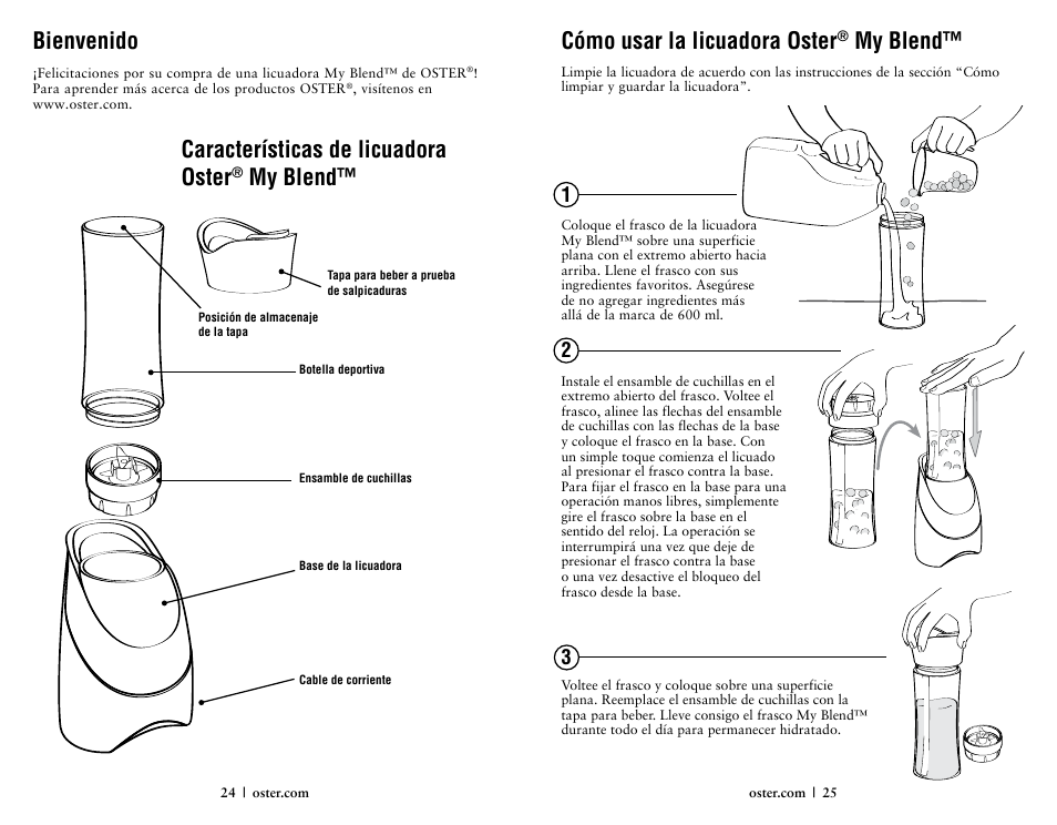 Cómo usar la licuadora oster, My blend, Bienvenido | Características de licuadora oster | Oster 146360-REVA User Manual | Page 13 / 16