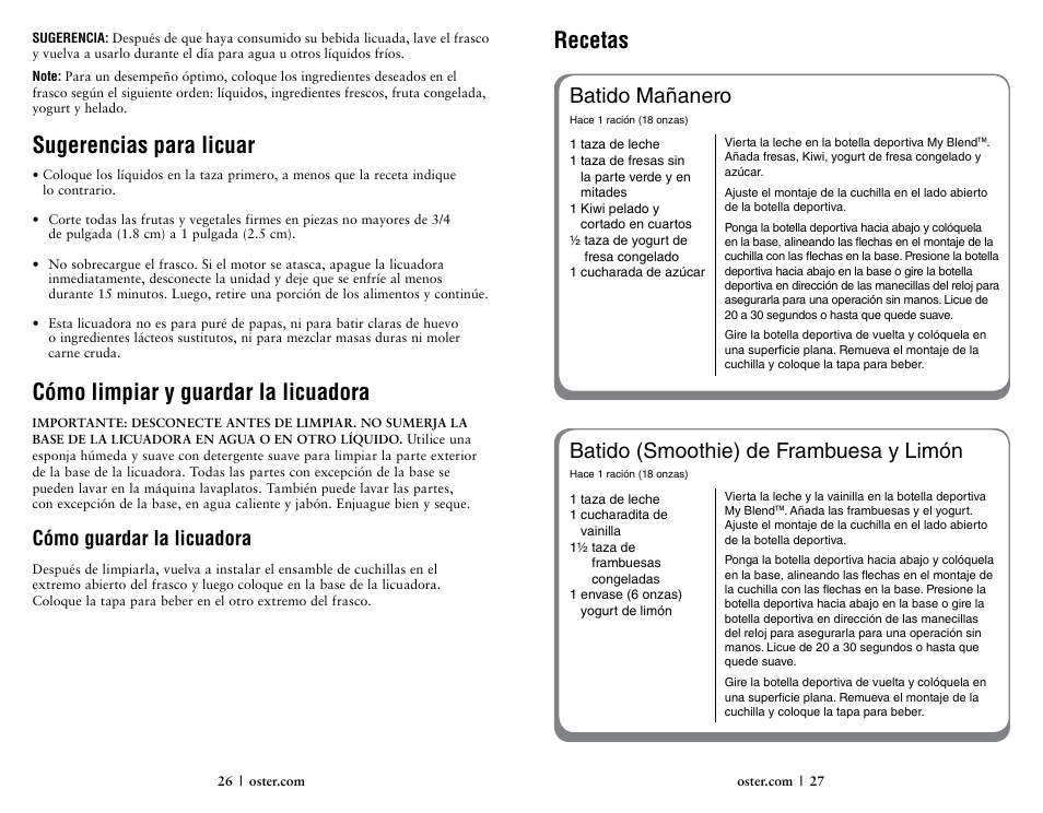 Sugerencias para licuar, Cómo limpiar y guardar la licuadora, Recetas | Batido mañanero, Batido (smoothie) de frambuesa y limón, Cómo guardar la licuadora | Oster 146360-REVA User Manual | Page 14 / 16