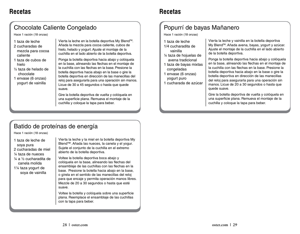 Recetas, Chocolate caliente congelado, Batido de proteínas de energía | Popurrí de bayas mañanero | Oster 146360-REVA User Manual | Page 15 / 16