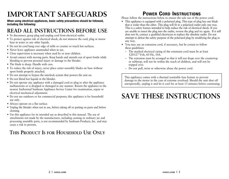 Important safeguards, Save these instructions, Read all instructions before use | Oster 146360-REVA User Manual | Page 2 / 16