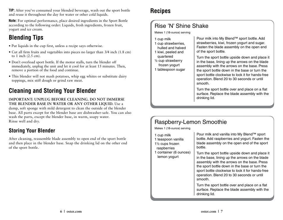 Blending tips, Cleaning and storing your blender, Recipes | Rise ’n’ shine shake, Raspberry-lemon smoothie, Storing your blender | Oster 146360-REVA User Manual | Page 4 / 16