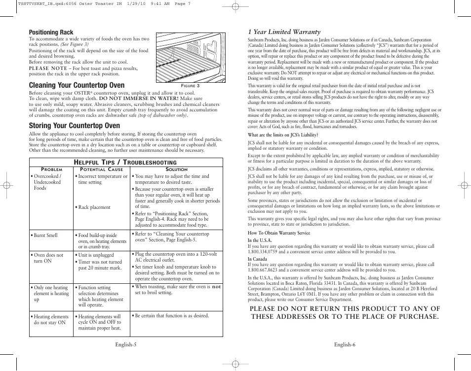 Cleaning your countertop oven, Storing your countertop oven | Oster SPR-112509 User Manual | Page 4 / 12