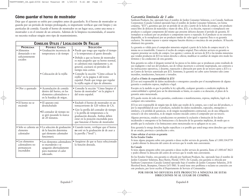 Cómo guardar el horno de mostrador | Oster SPR-112509 User Manual | Page 8 / 12