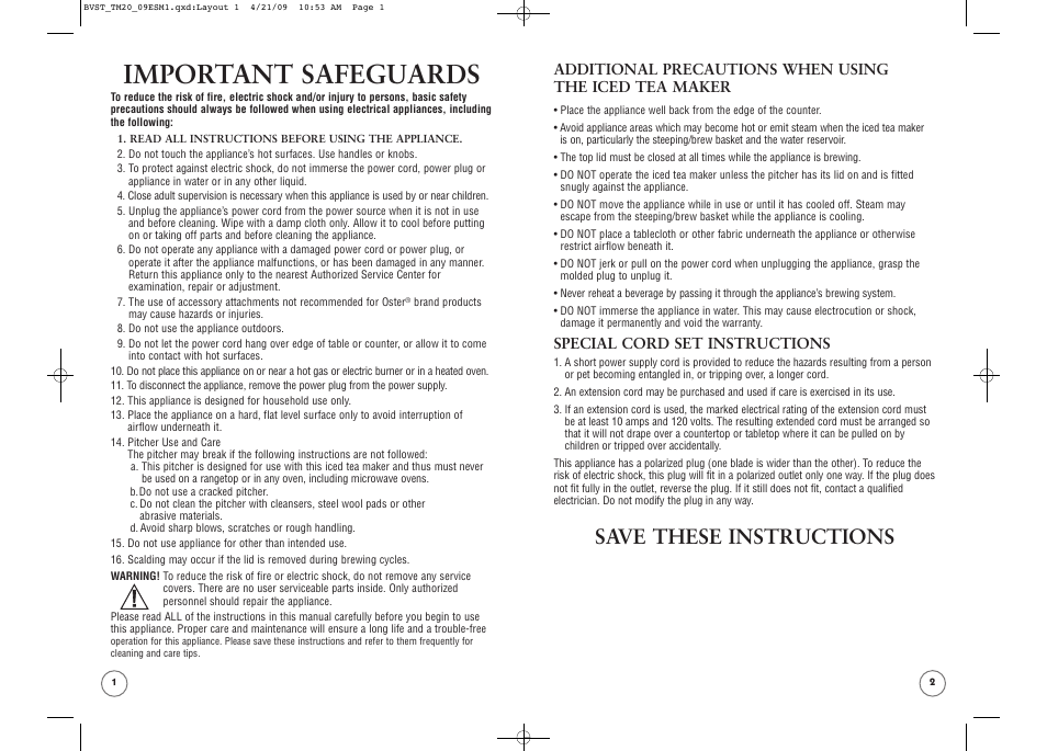 Important safeguards, Save these instructions | Oster TM20 User Manual | Page 2 / 12