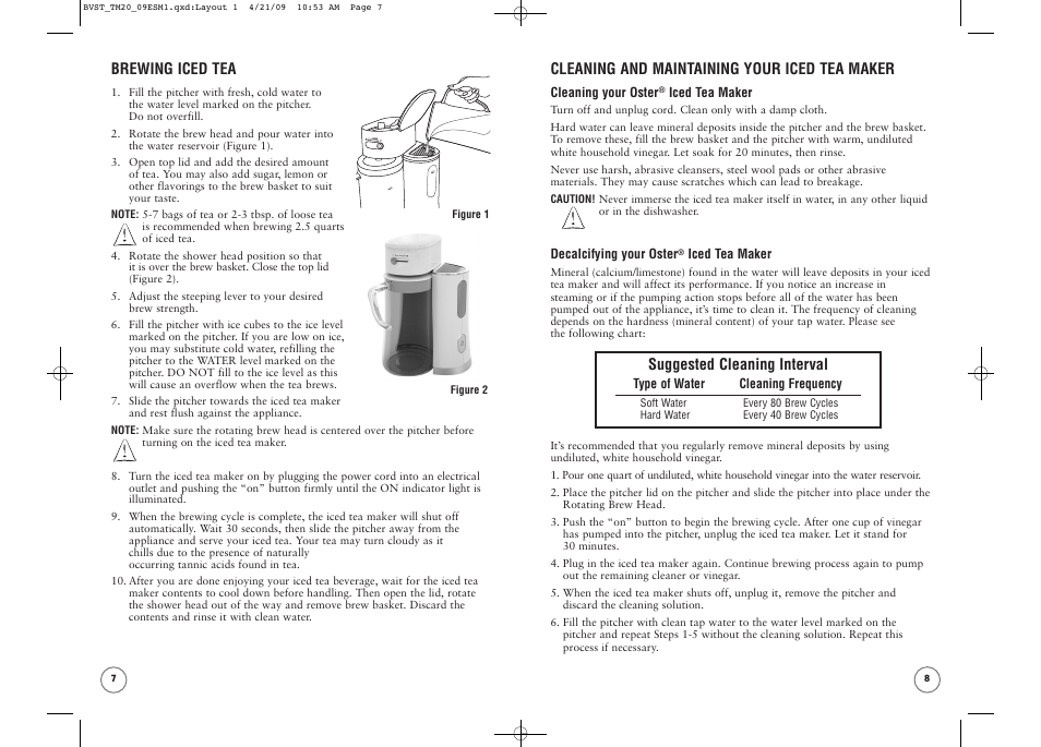 Brewing iced tea, Cleaning and maintaining your iced tea maker, Suggested cleaning interval | Oster TM20 User Manual | Page 5 / 12
