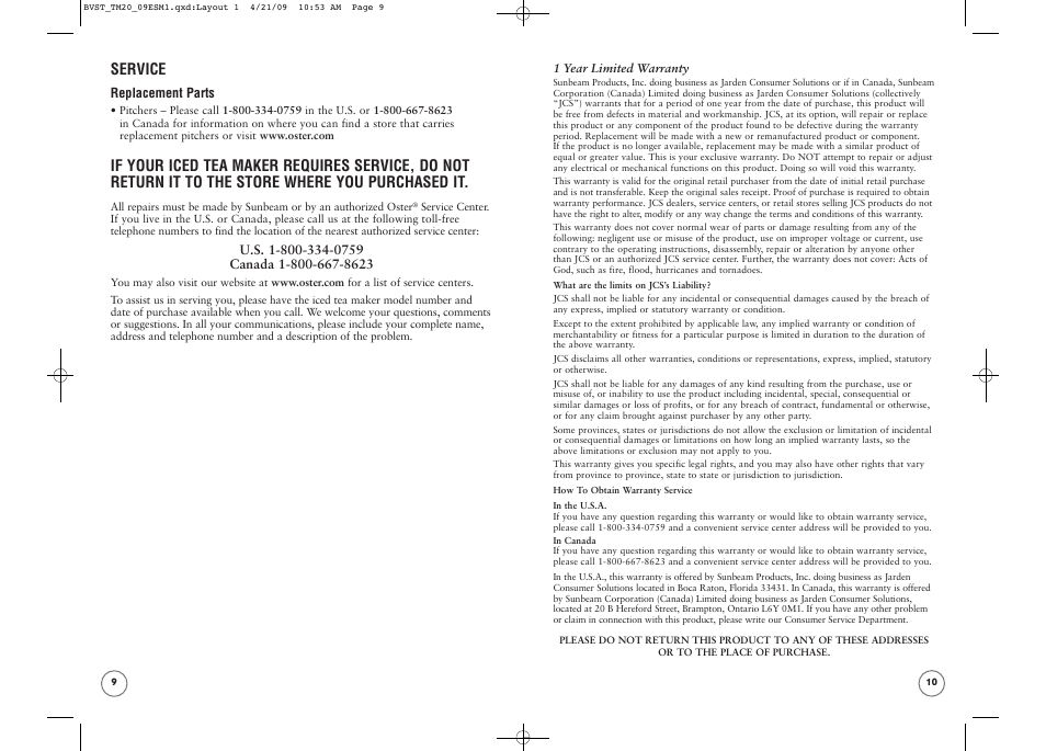 Service | Oster TM20 User Manual | Page 6 / 12