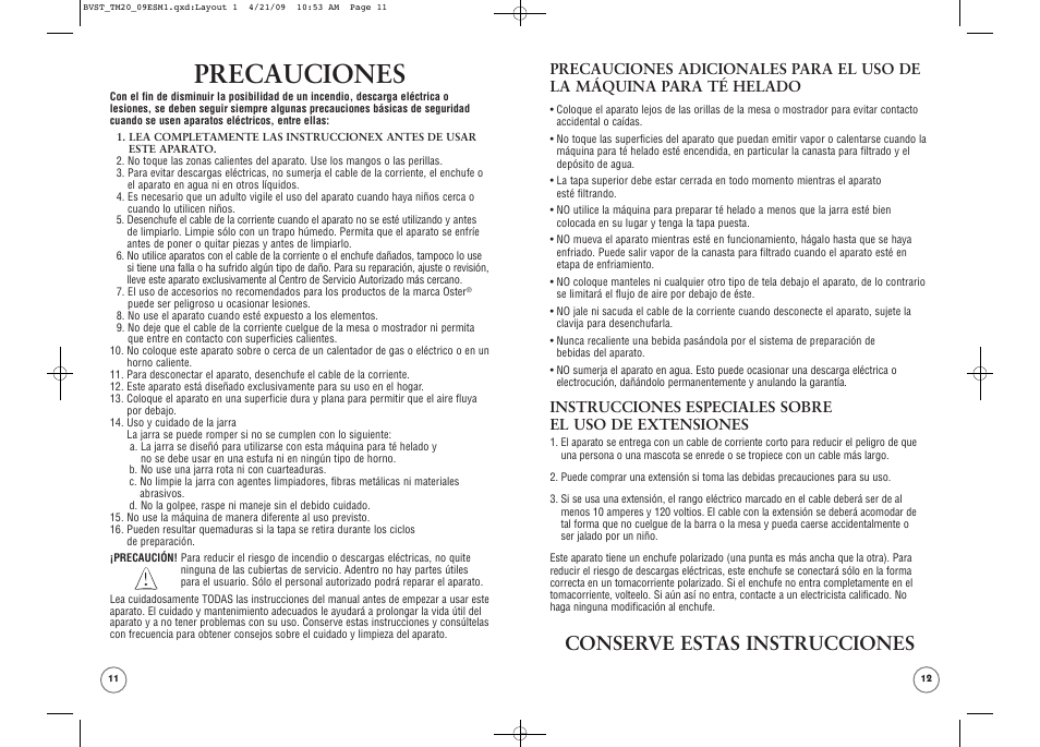 Precauciones, Conserve estas instrucciones | Oster TM20 User Manual | Page 7 / 12