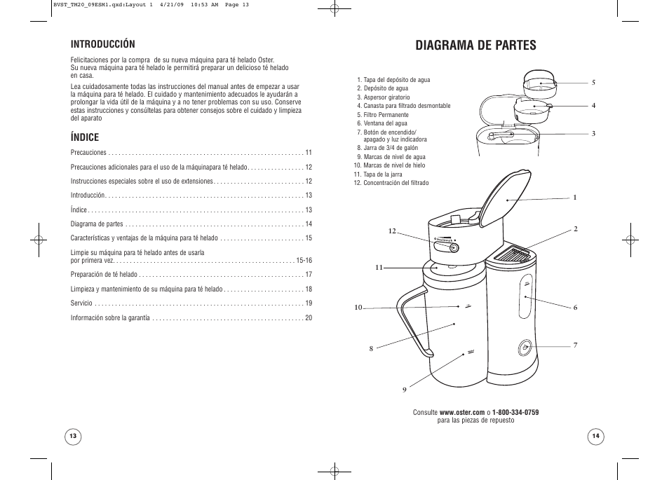 Diagrama de partes, Introducción, Índice | Oster TM20 User Manual | Page 8 / 12
