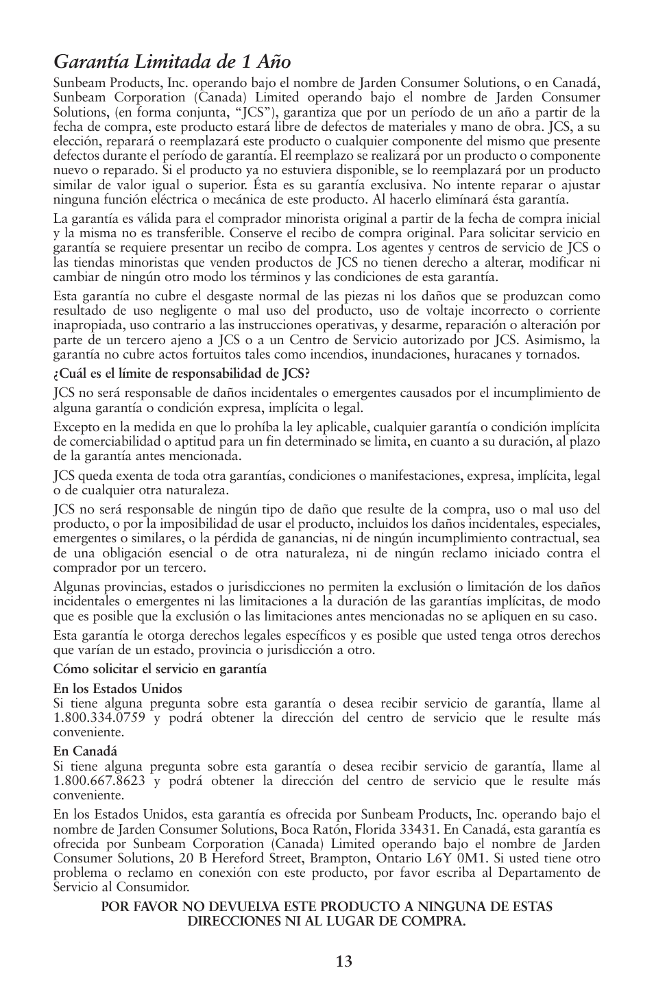 Garantía limitada de 1 año | Oster 133086 User Manual | Page 13 / 24