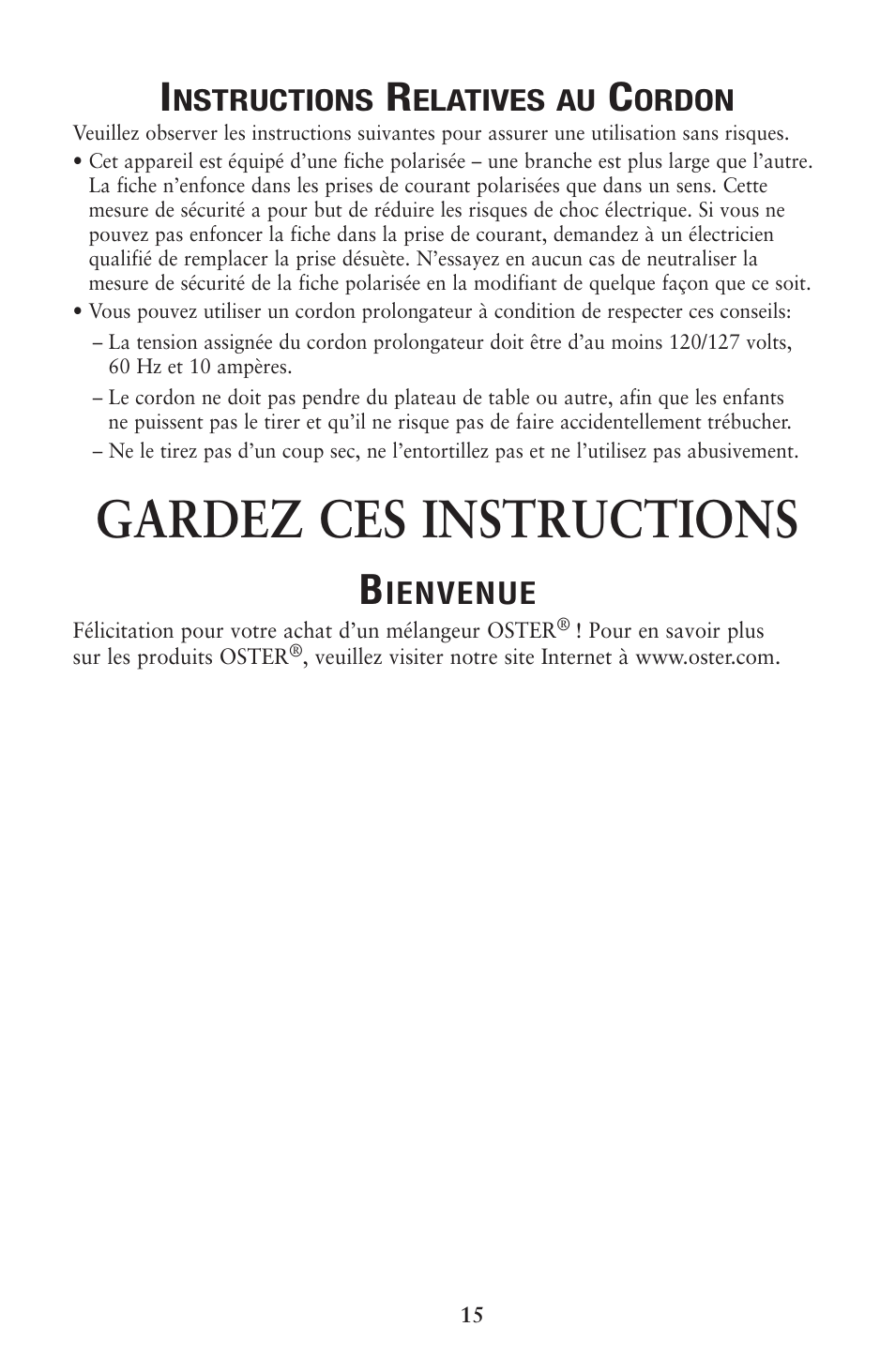 Gardez ces instructions | Oster 133086 User Manual | Page 15 / 24