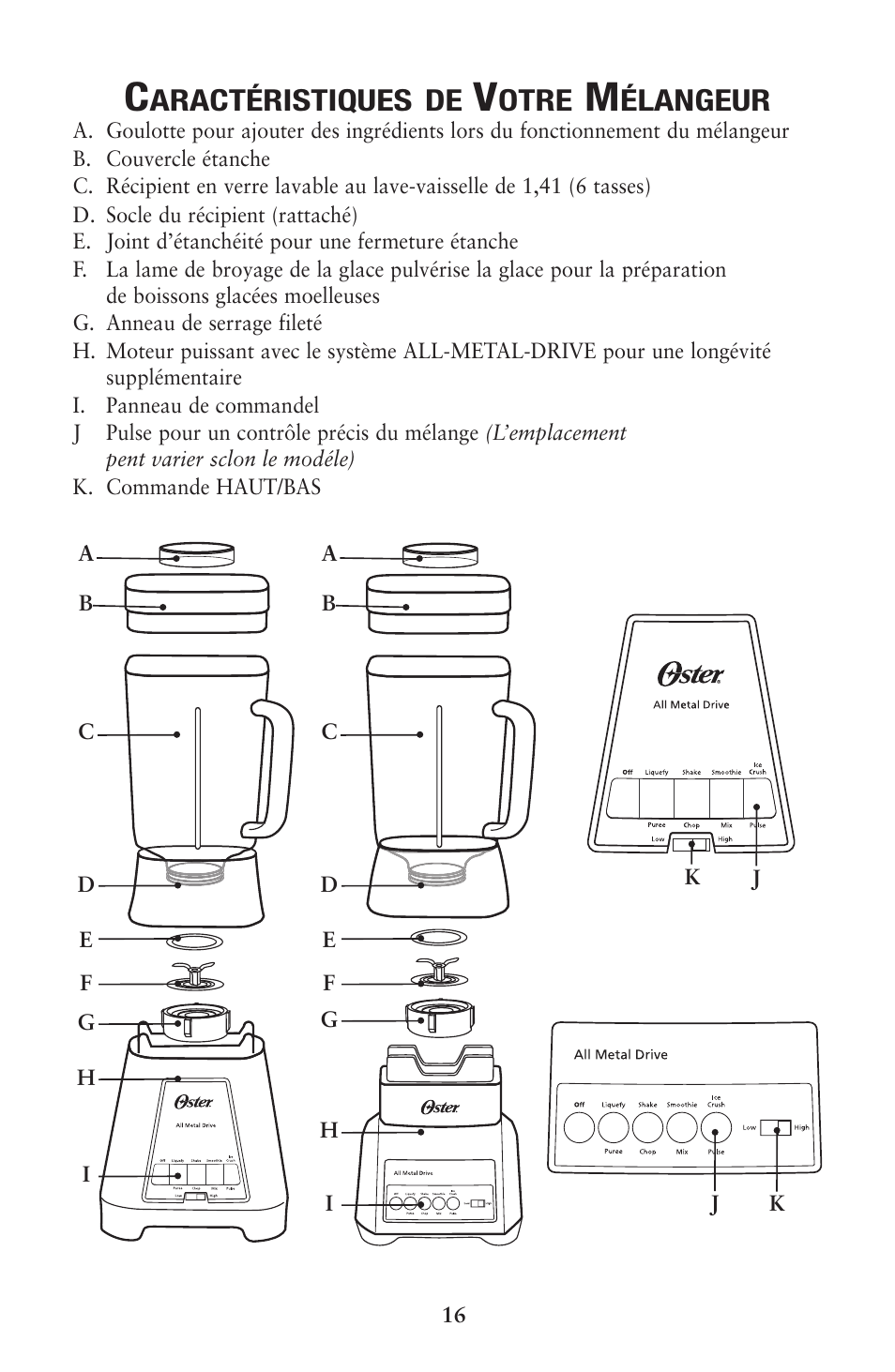 Aractéristiques de, Otre, Élangeur | Oster 133086 User Manual | Page 16 / 24