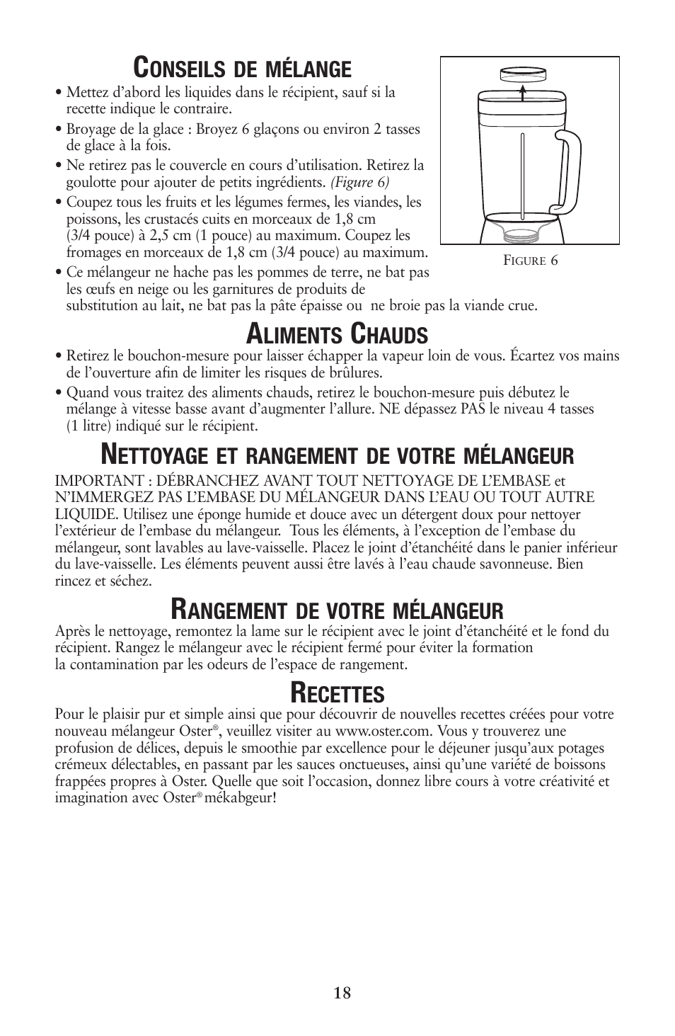 Onseils de mélange, Liments, Hauds | Ettoyage et rangement de votre mélangeur, Angement de votre mélangeur, Ecettes | Oster 133086 User Manual | Page 18 / 24