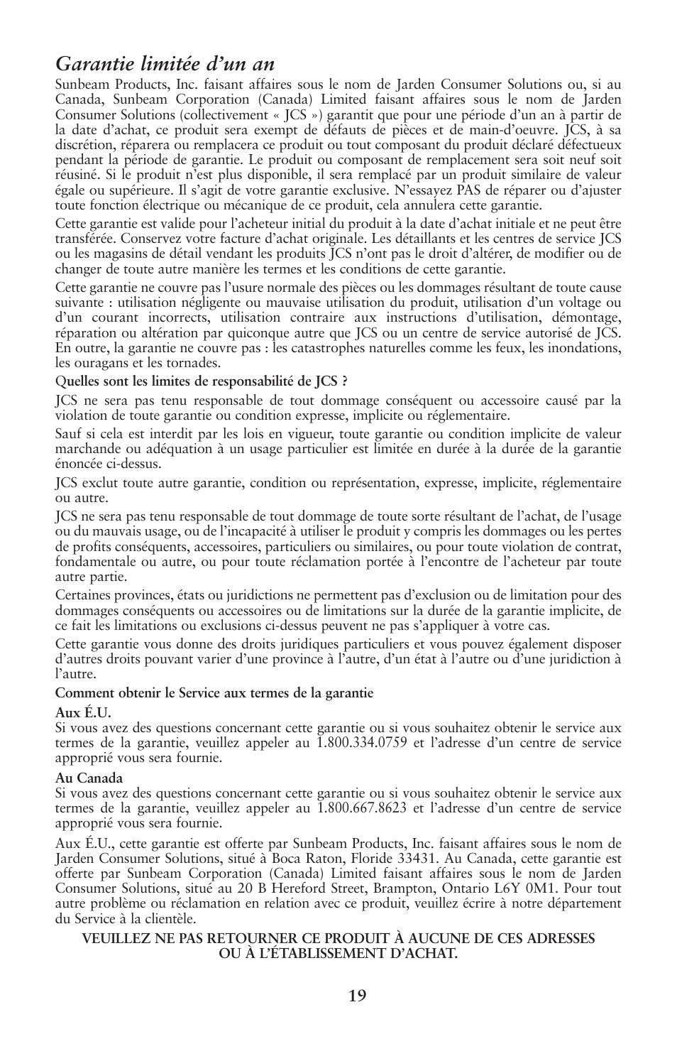 Garantie limitée d’un an | Oster 133086 User Manual | Page 19 / 24