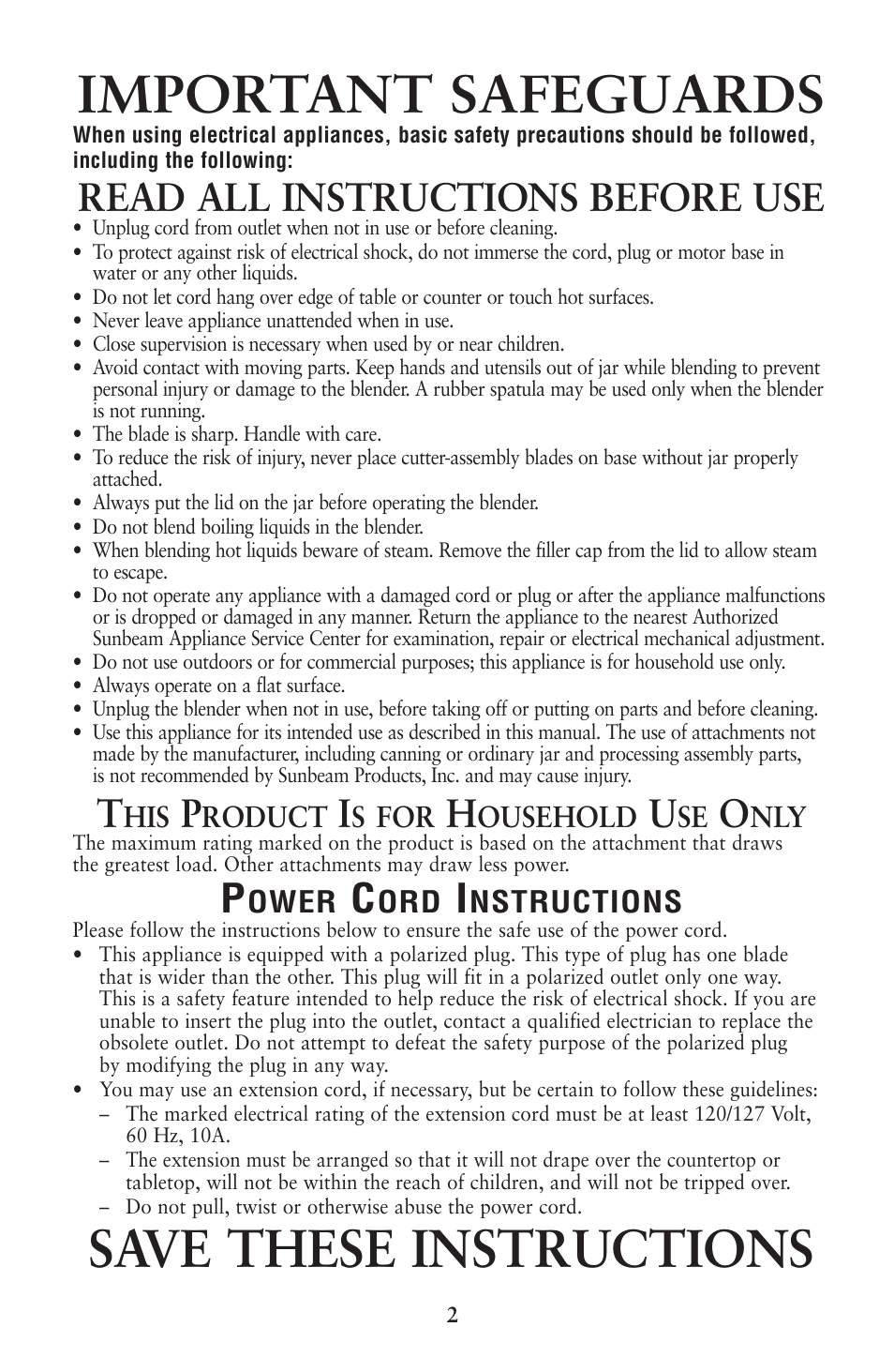 Important safeguards, Save these instructions, Read all instructions before use | Oster 133086 User Manual | Page 2 / 24