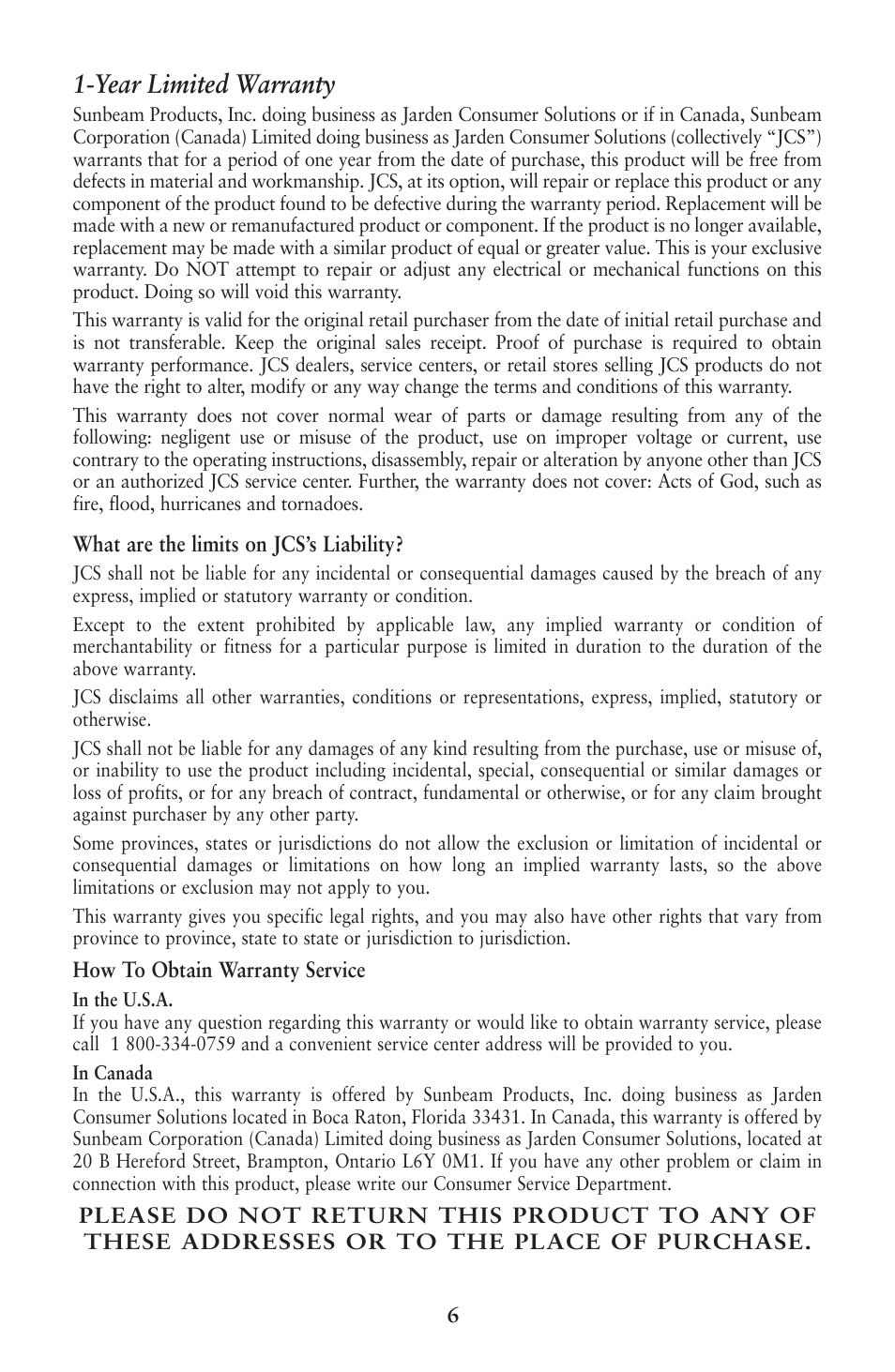 Year limited warranty | Oster 133086 User Manual | Page 6 / 24