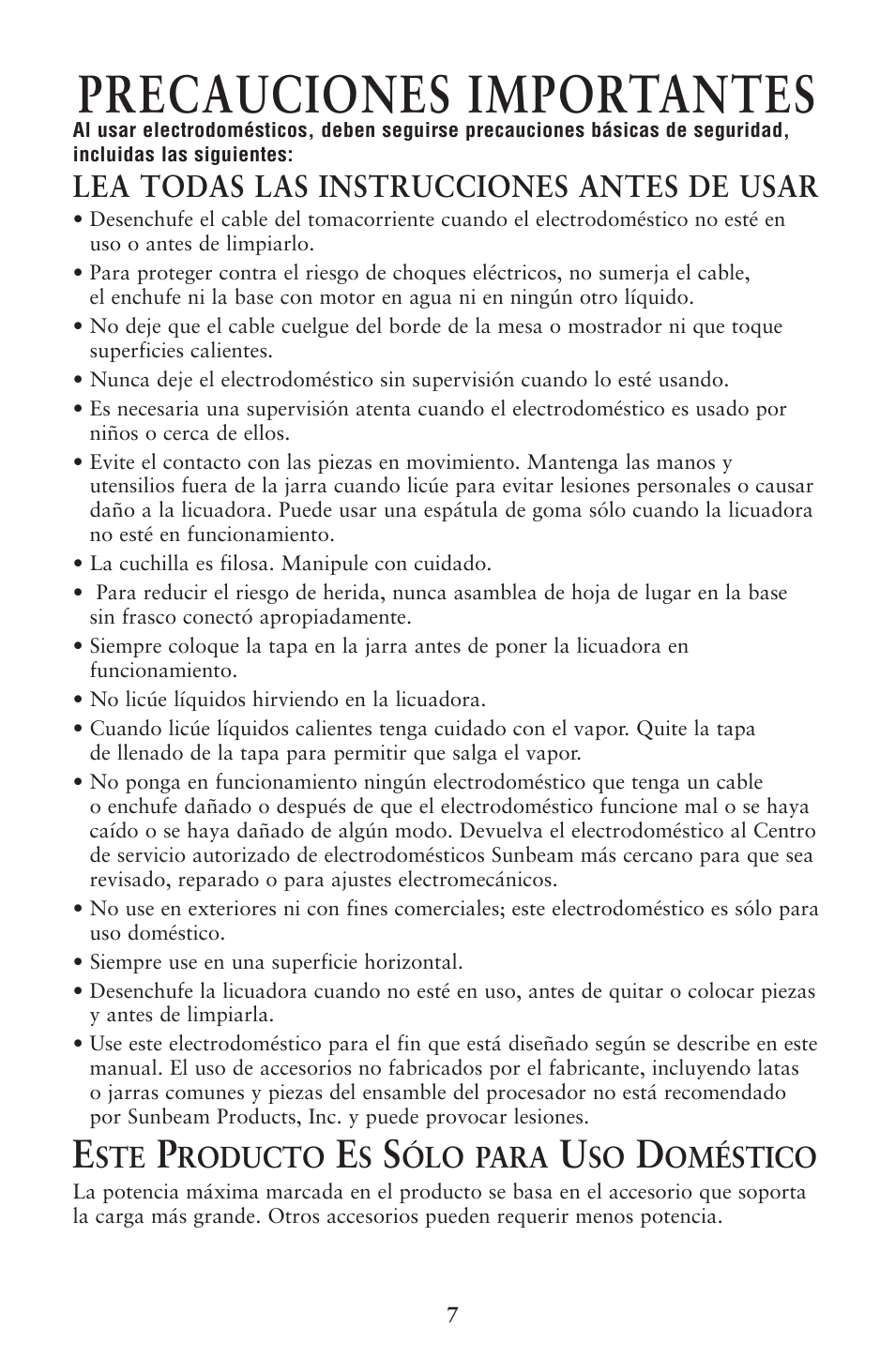 Precauciones importantes, Lea todas las instrucciones antes de usar, Roducto | Ólo para, Oméstico | Oster 133086 User Manual | Page 7 / 24