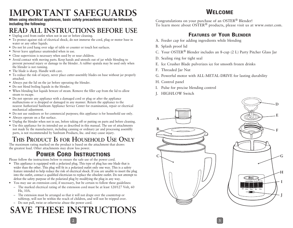 Important safeguards, Save these instructions, Read all instructions before use | Oster BLSTMG User Manual | Page 2 / 5