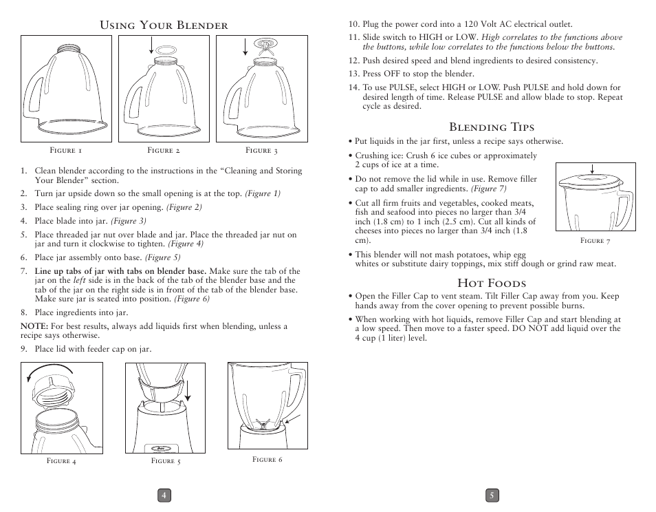 Using your blender, Blending tips, Hot foods | Oster BLSTMG User Manual | Page 3 / 5