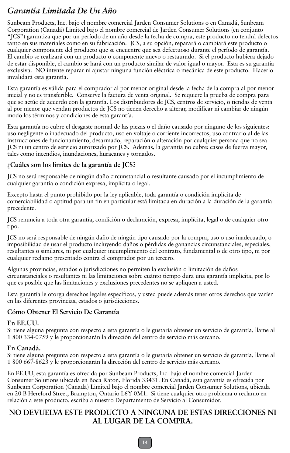 Garantía limitada de un año | Oster BCAGO8 User Manual | Page 14 / 24