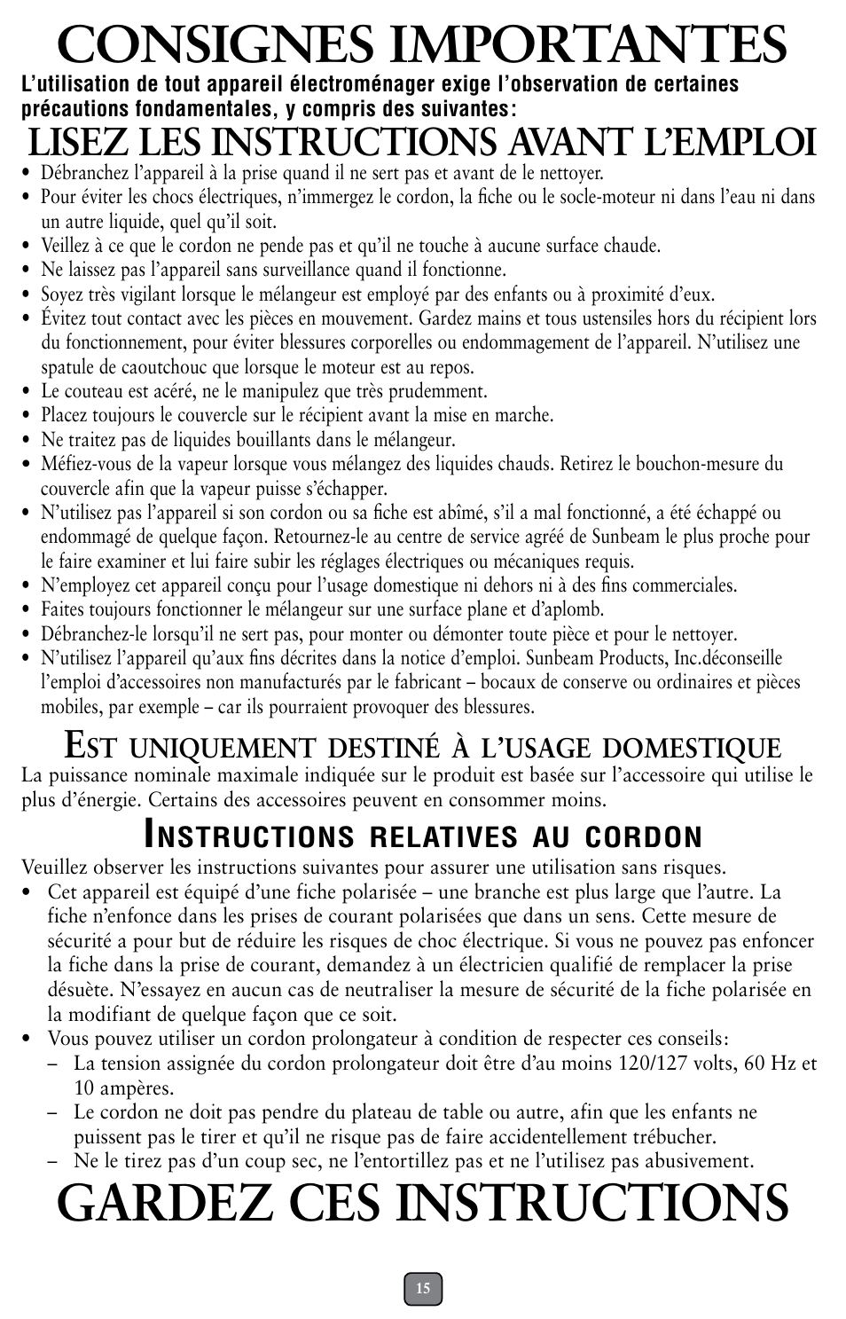 Consignes importantes, Gardez ces instructions, Lisez les instructions avant l’emploi | Oster BCAGO8 User Manual | Page 15 / 24