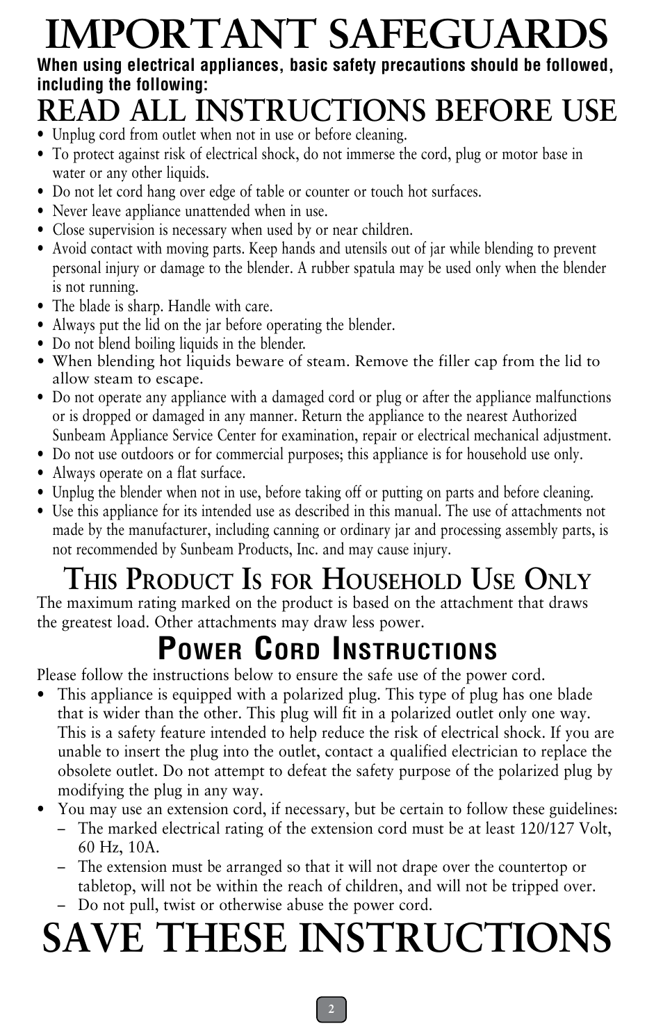 Important safeguards, Save these instructions, Read all instructions before use | Oster BCAGO8 User Manual | Page 2 / 24