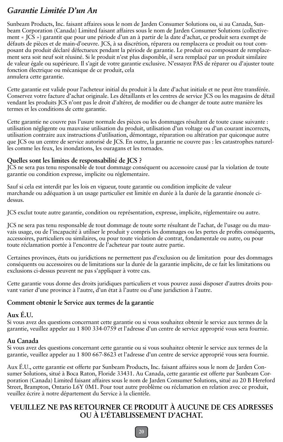 Garantie limitée d’un an | Oster BCAGO8 User Manual | Page 20 / 24