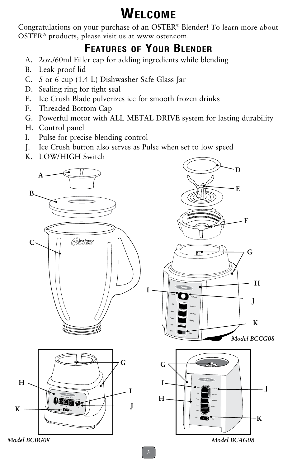 Elcome, Blender, Eatures | Oster BCAGO8 User Manual | Page 3 / 24